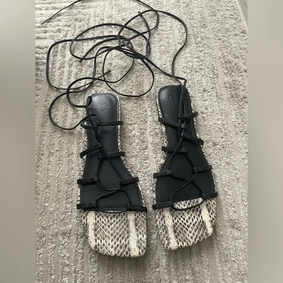 Marc Fisher Black Lace-Up Gladiator Sandal with Snake-Print Footbed - Picture 2 of 6